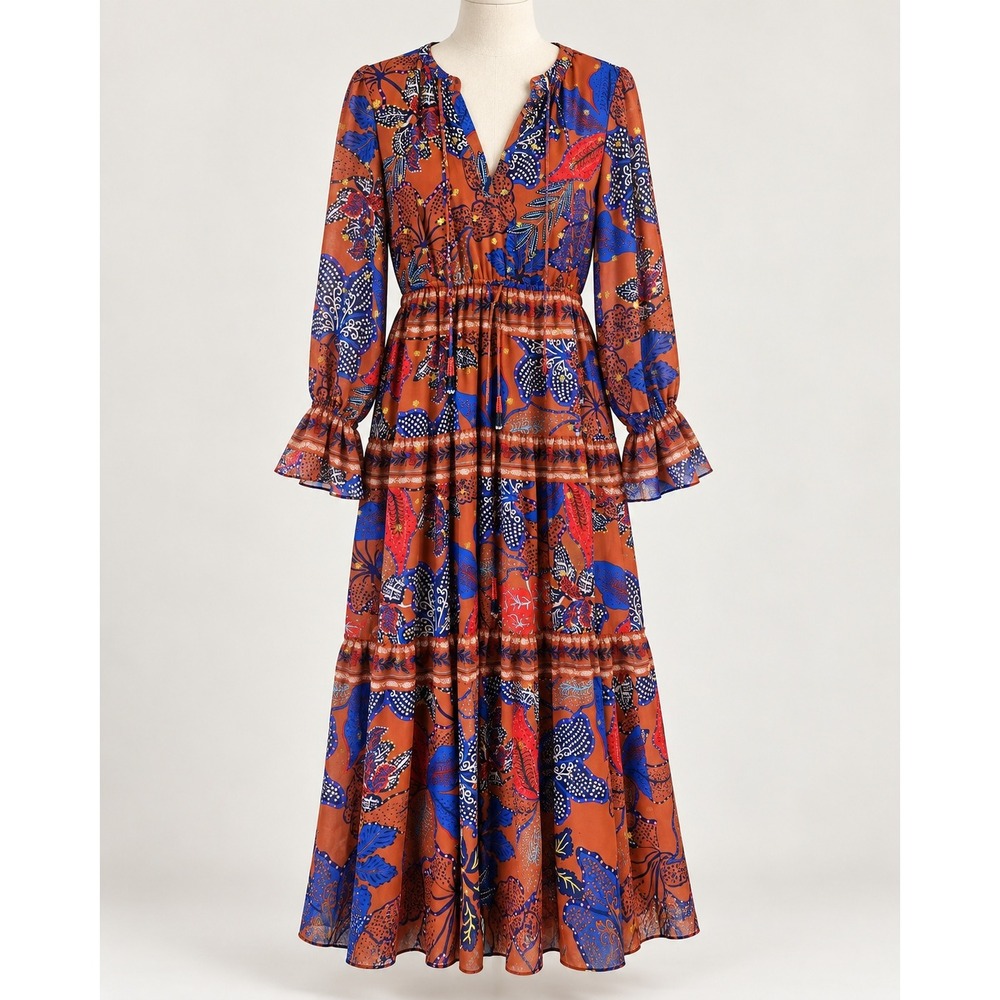 House of Harlow 1960 Floral Maxi Dress XL Terracotta Blue Tiered Boho Tassel